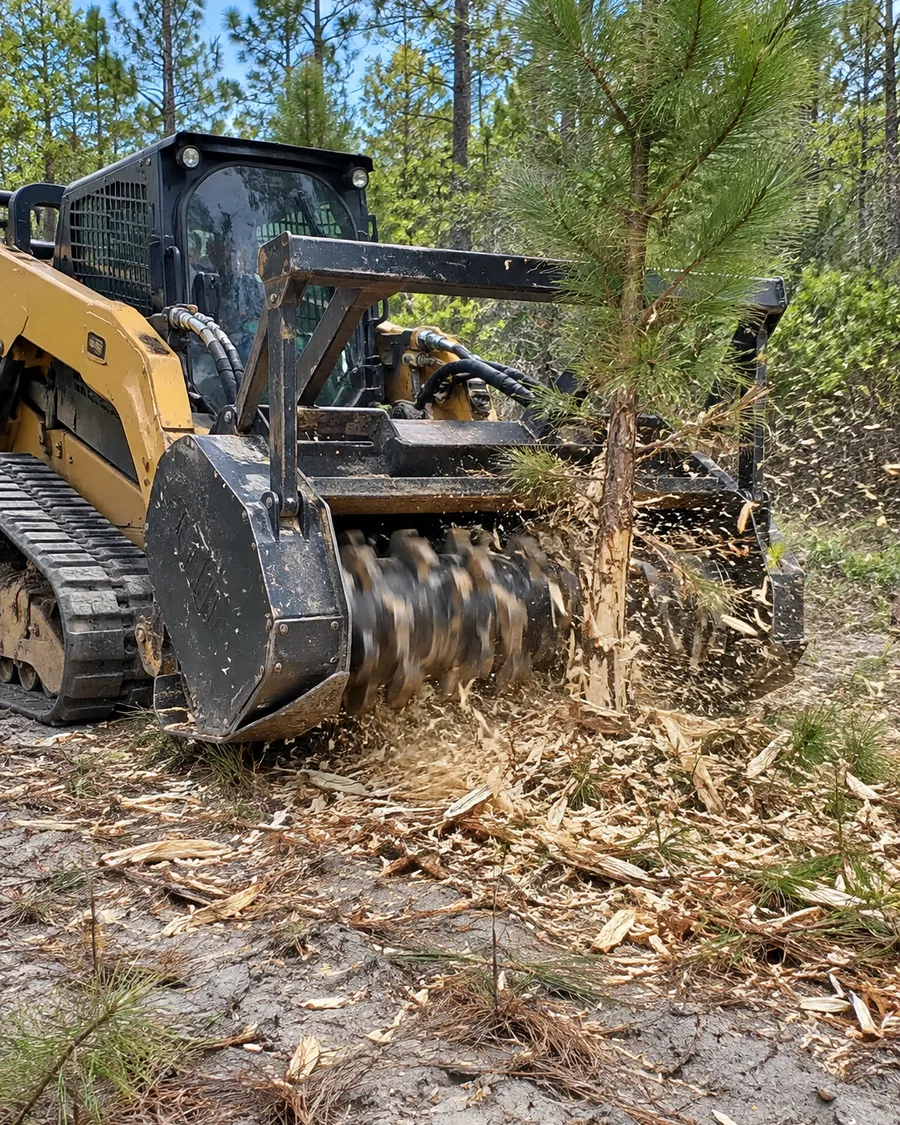 Close view of a forestry mulching head on a track loader shredding a young pine on sandy ground