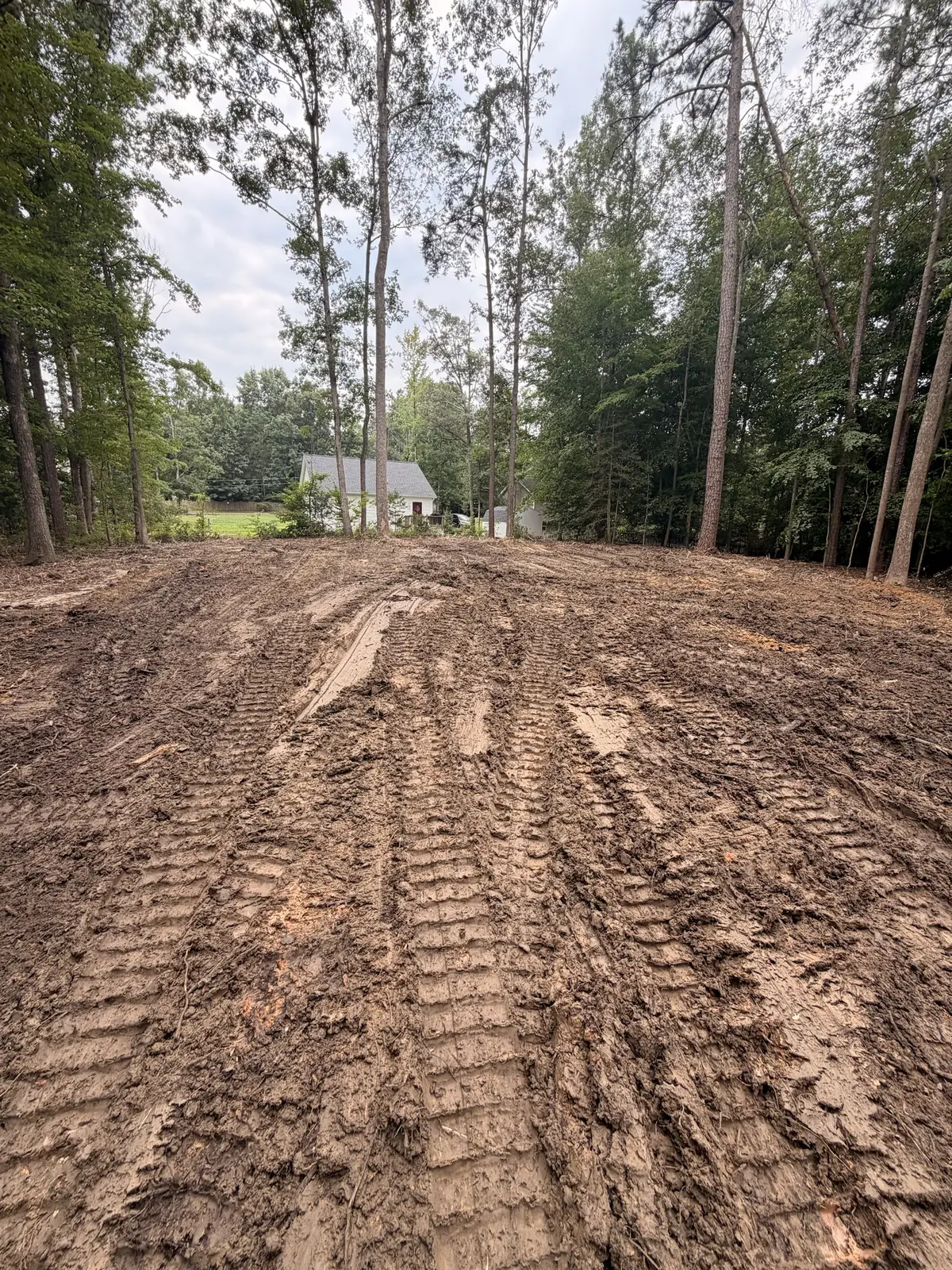 Muddy cleared lot covered in track marks, with tall trees and a house in the background